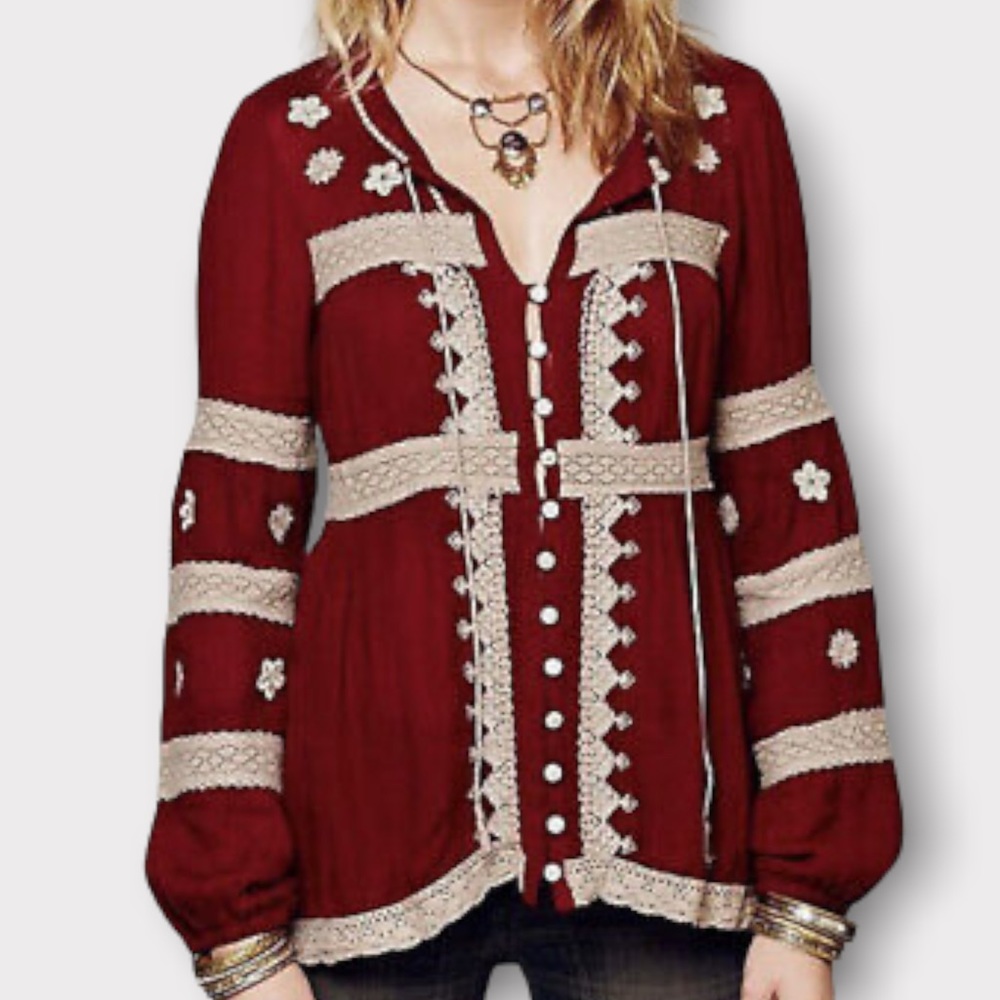 Free People Iris Deep Cranberry Red Boho Peasant Crochet Lace Top